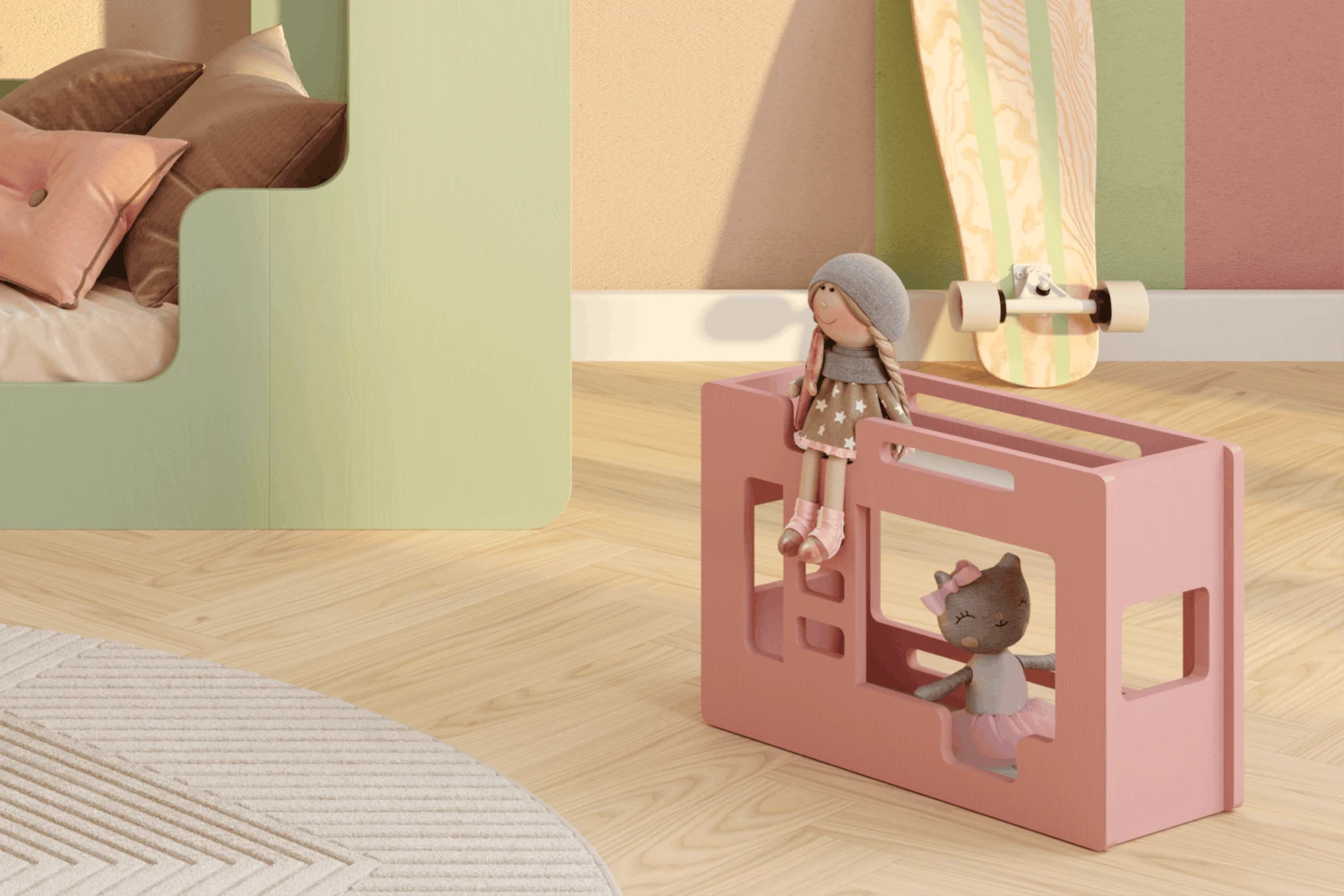 Holz-Etagenbett für Puppen aus Kiefernsperrholz in Rosa